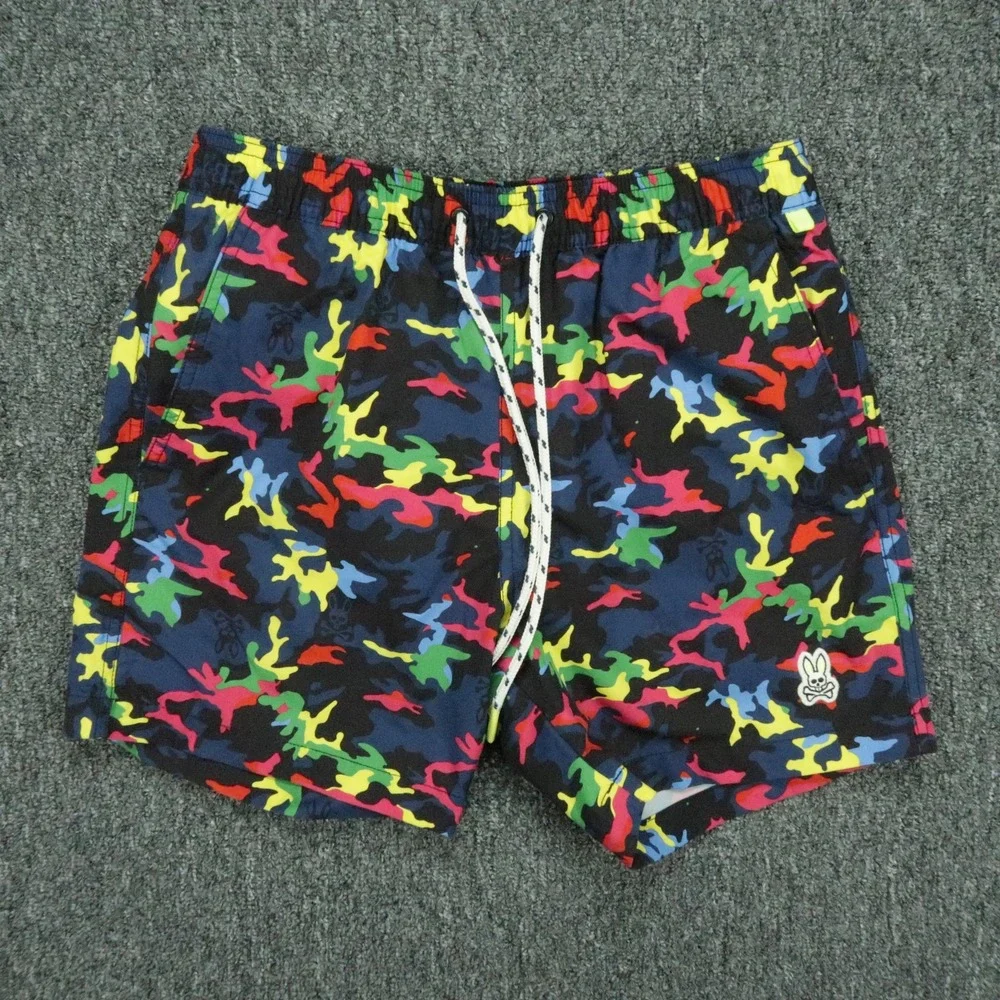 Psycho Bunny Swim Trunks Mens Extra Small Black Blue Camo Mesh Lined Colorful